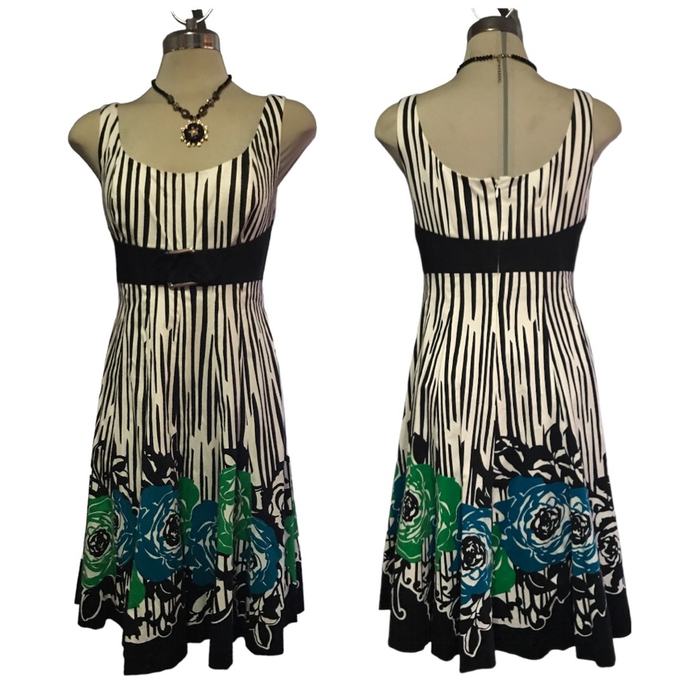 Nine West Luxury Designed Strips & Floral Sleeveless Cotton Flare Dress Size 10
